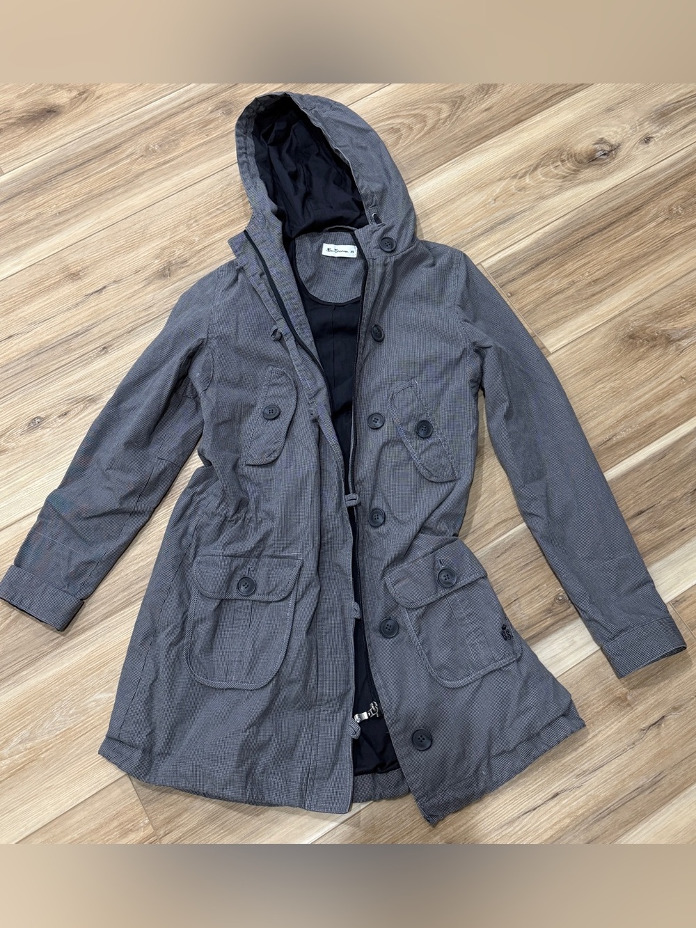 Ben Sherman Women’s Raincoat Utility Jacket Gray Houndstooth Adjustable Waist XS
